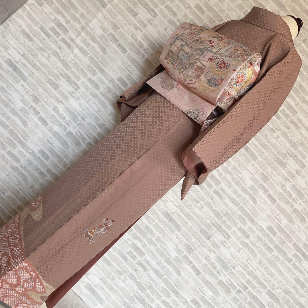 訪問着　フルセット　花　観世水　鹿の子絞り　相良刺繍　手刺繍　着物　L2