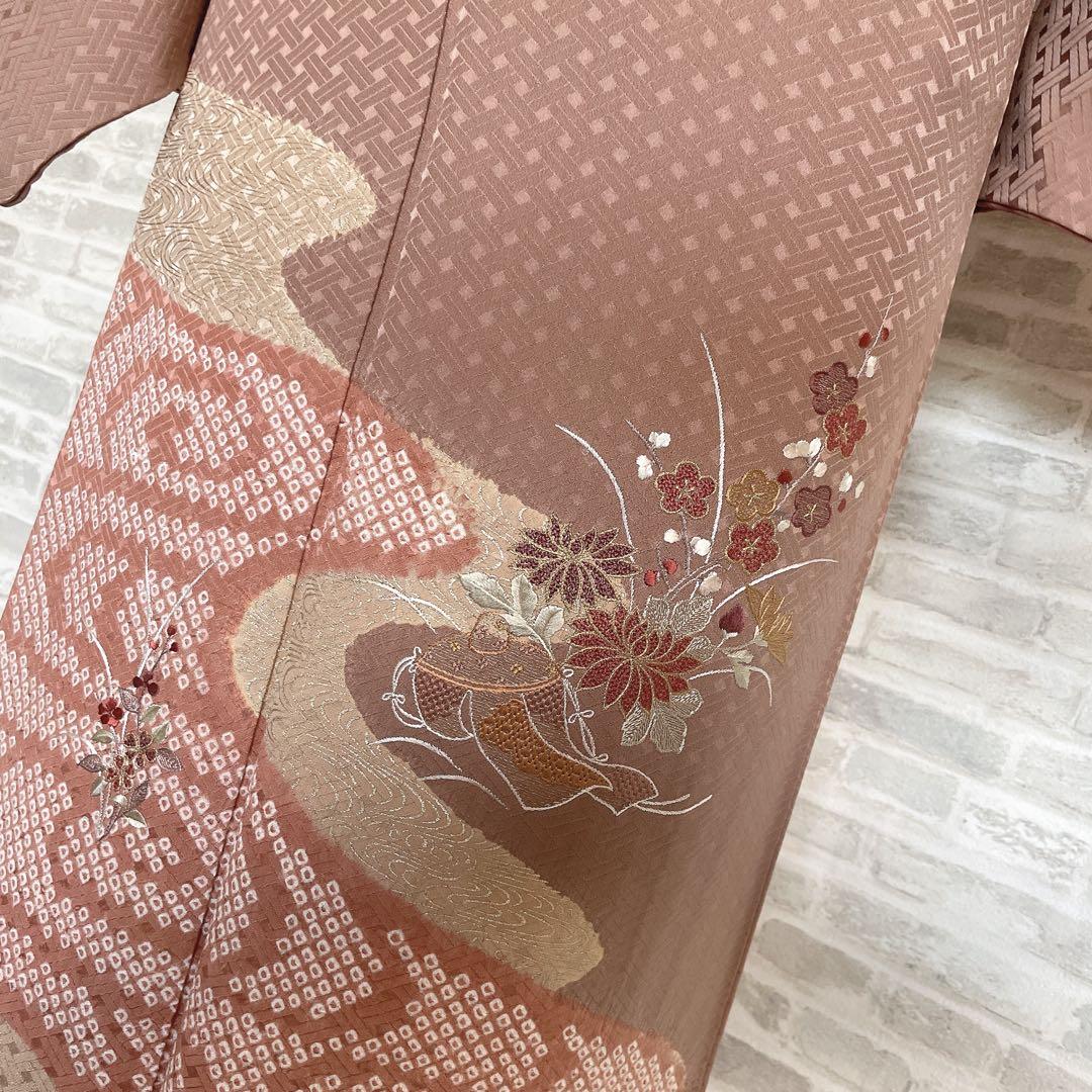 訪問着　フルセット　花　観世水　鹿の子絞り　相良刺繍　手刺繍　着物　L2