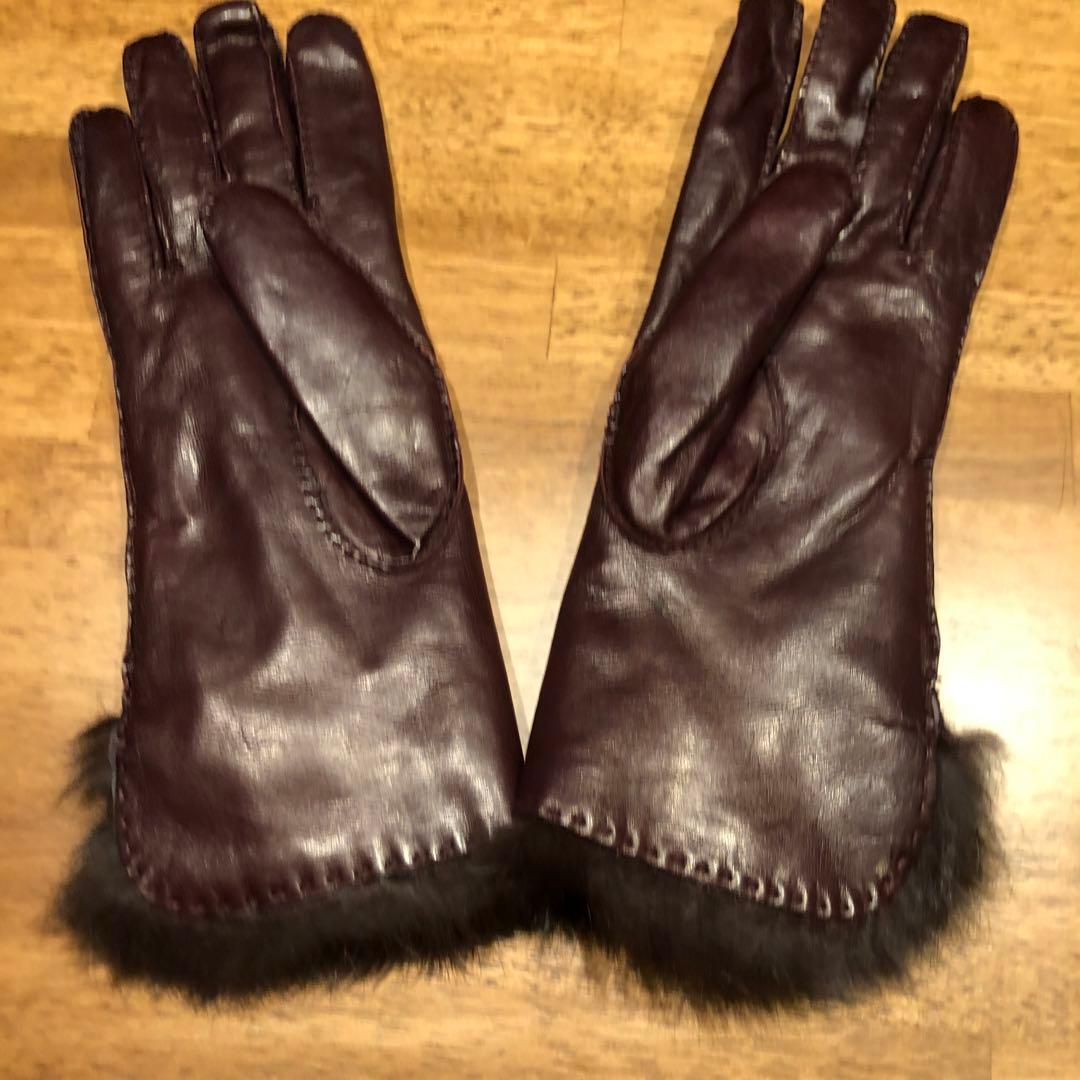 【未使用】レザー ファー付き手袋 ダークブラウン