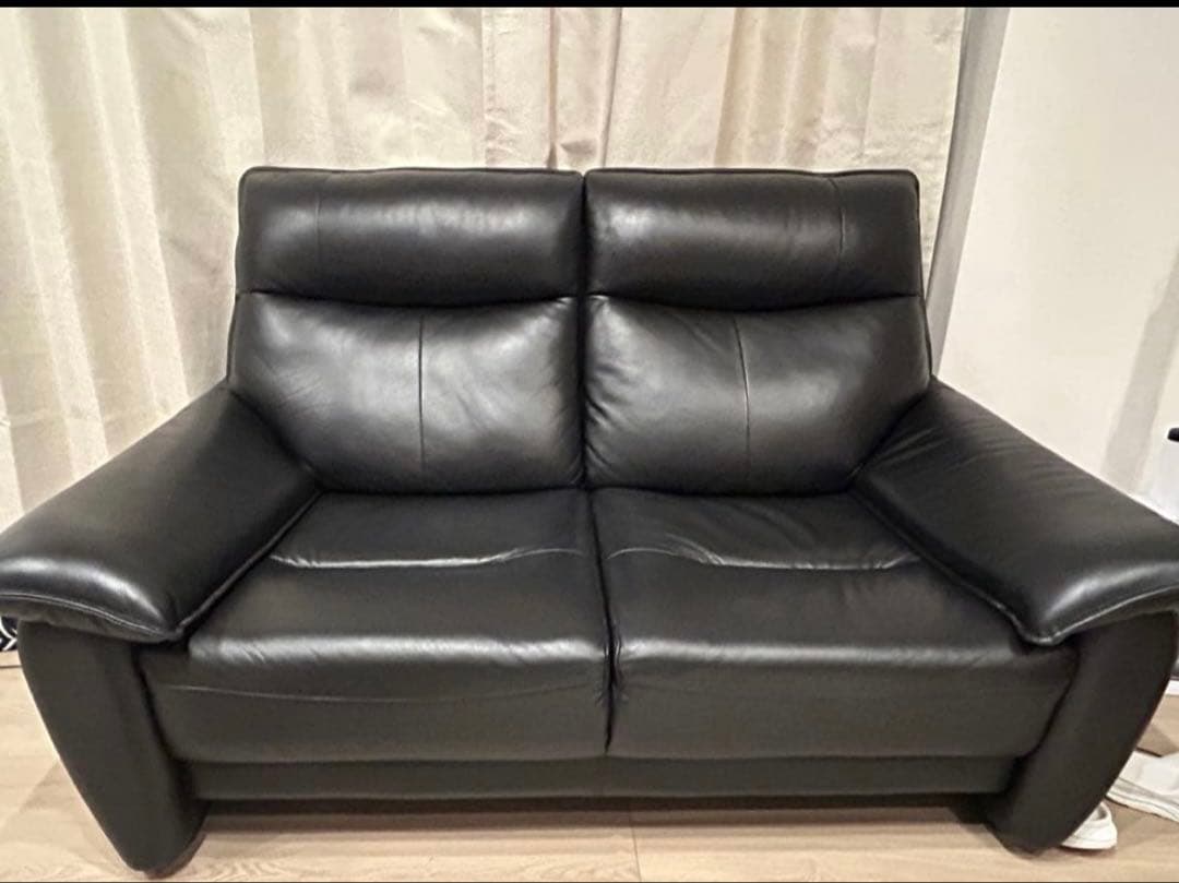 【変更済】ブラック 合成皮革 2人掛けソファ