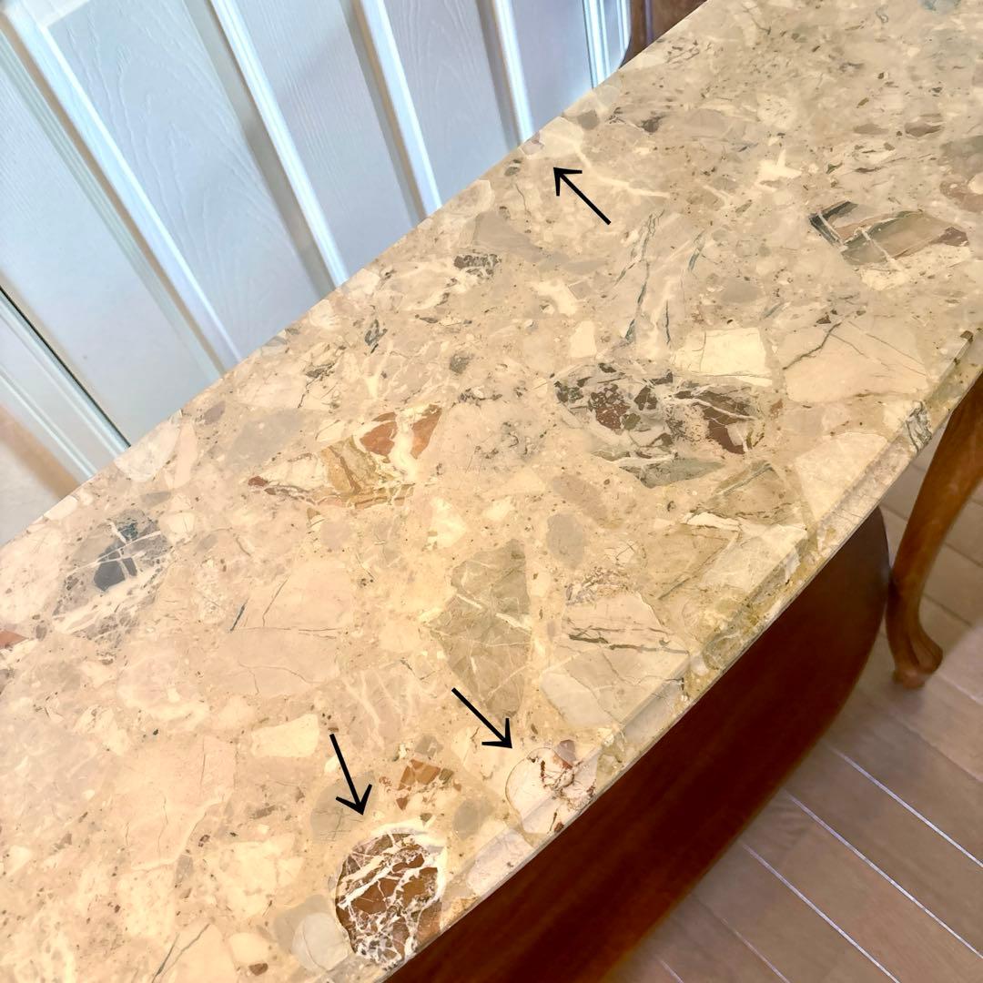 イタリア製 大理石 猫足コンソールテーブル、天使置物、真鍮コンポート、新品レース