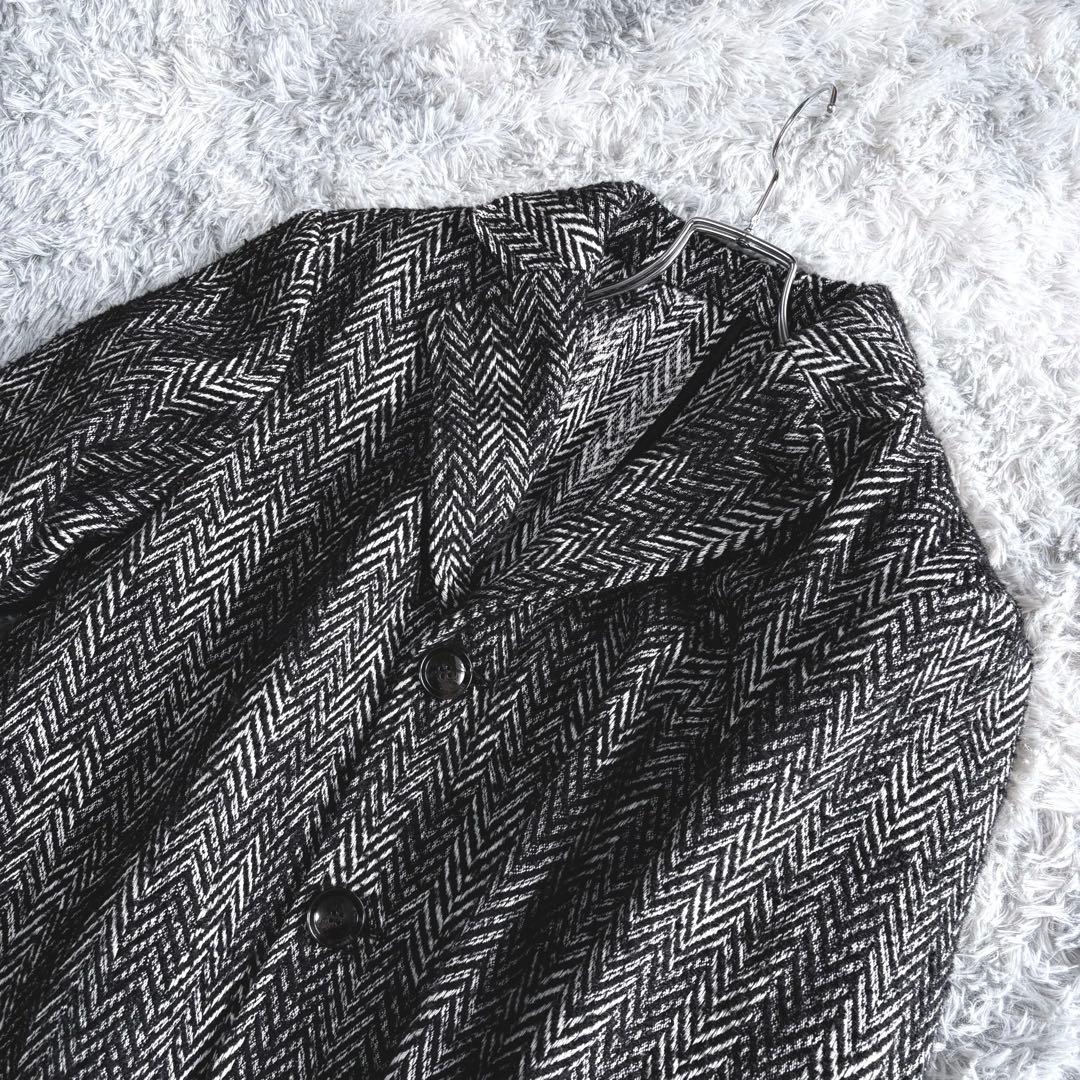 DIESEL ヘリンボーン ロングコート フリンジ加工 48 黒白