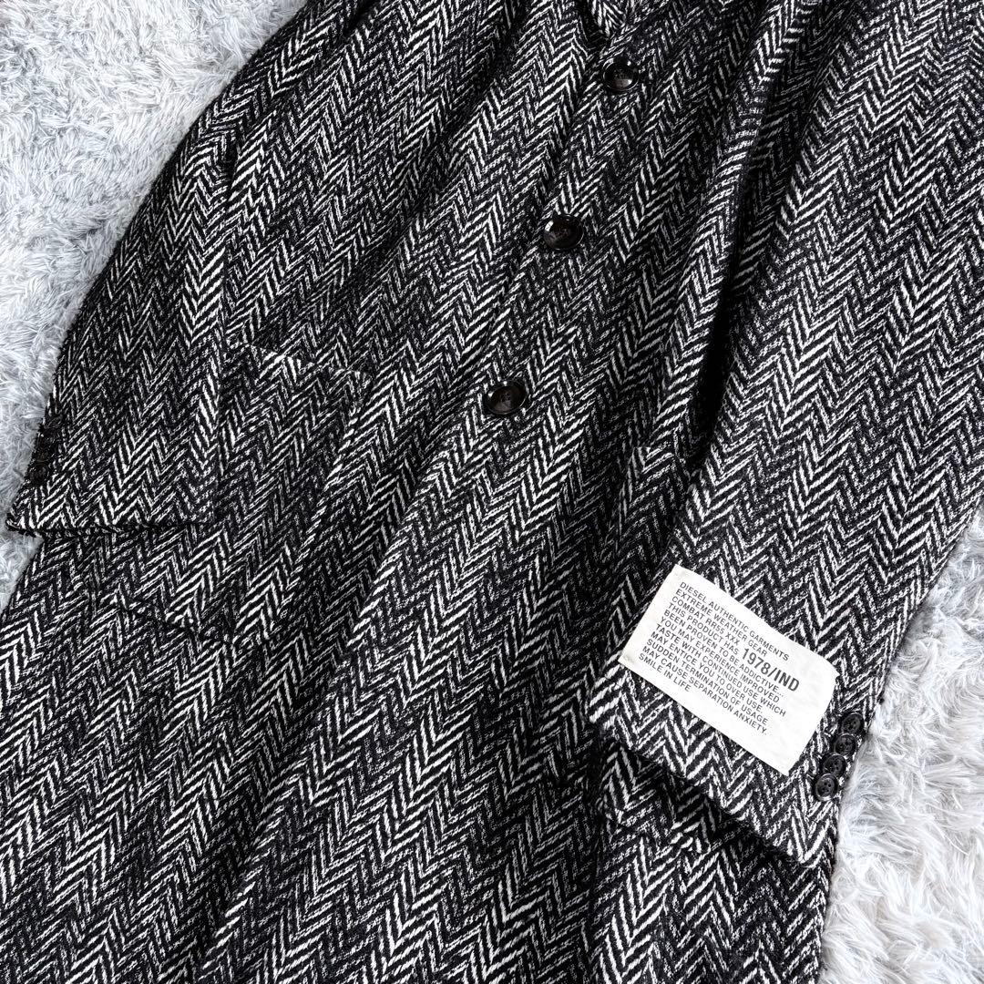 DIESEL ヘリンボーン ロングコート フリンジ加工 48 黒白