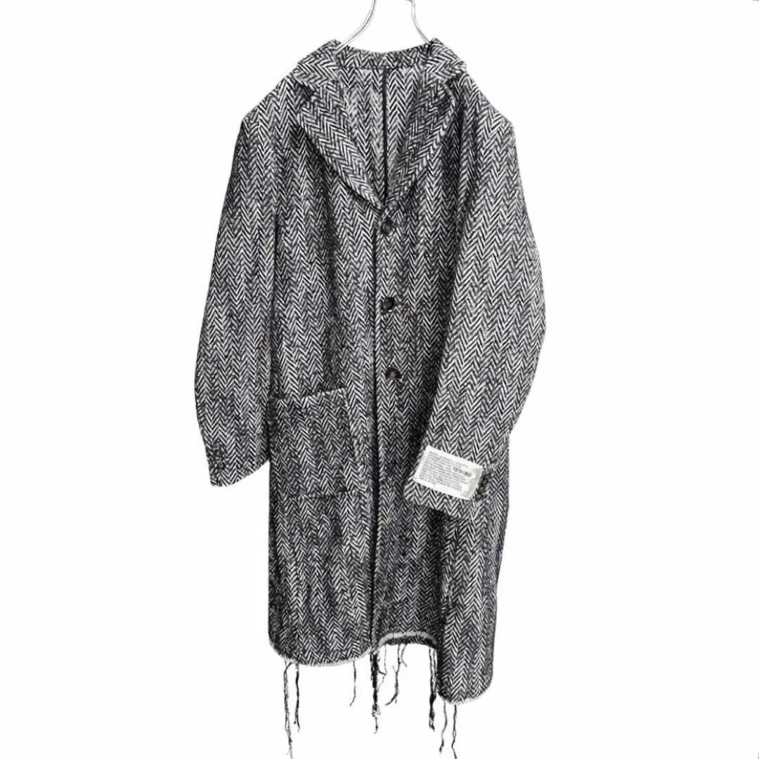 DIESEL ヘリンボーン ロングコート フリンジ加工 48 黒白