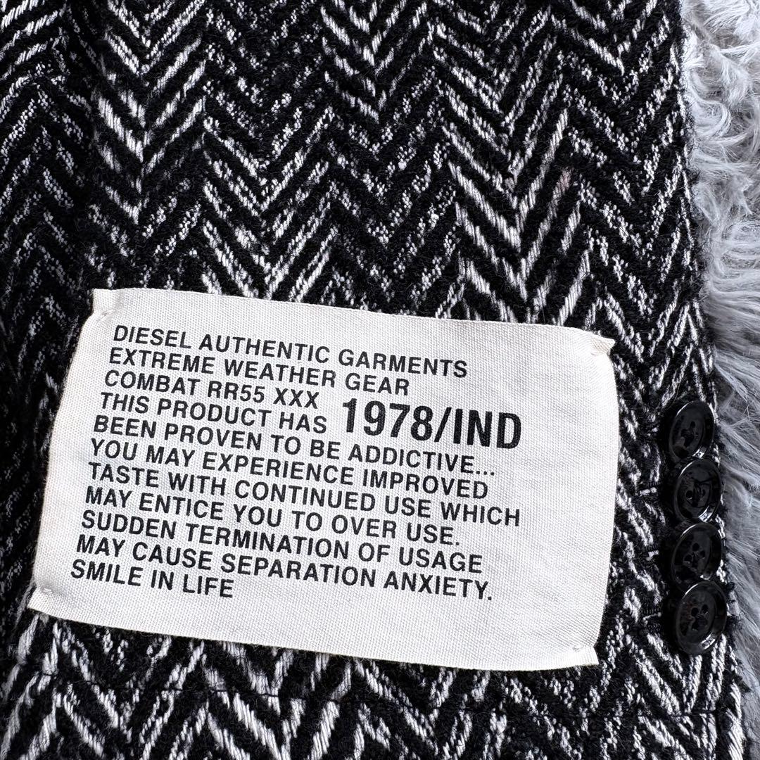 DIESEL ヘリンボーン ロングコート フリンジ加工 48 黒白