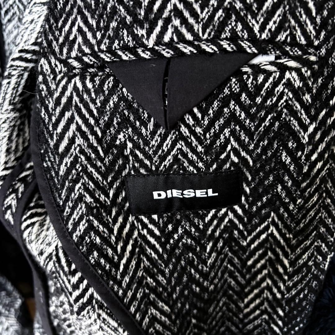 DIESEL ヘリンボーン ロングコート フリンジ加工 48 黒白