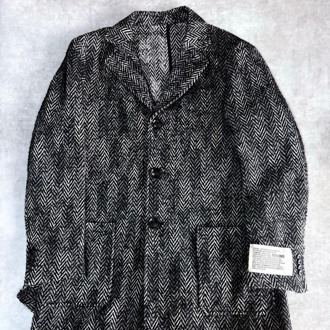 DIESEL ヘリンボーン ロングコート フリンジ加工 48 黒白