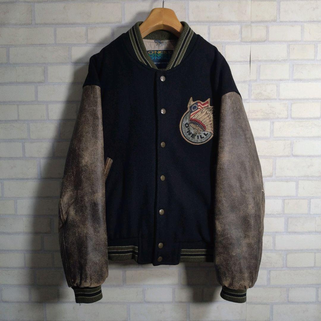 オニール★日本製 総刺繍 インディアン柄 アームレザー 牛革 スタジャン 黒 M