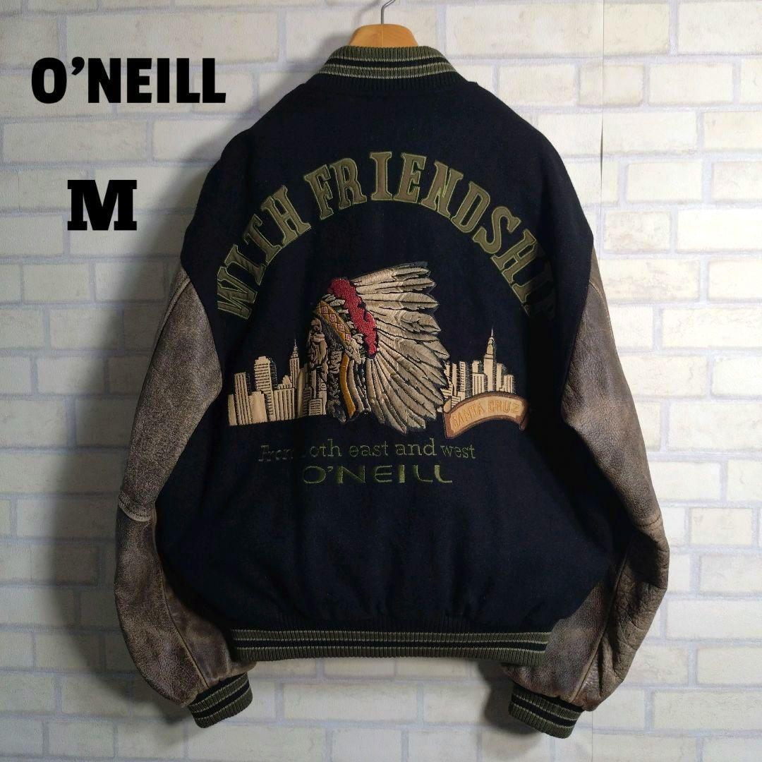 オニール★日本製 総刺繍 インディアン柄 アームレザー 牛革 スタジャン 黒 M