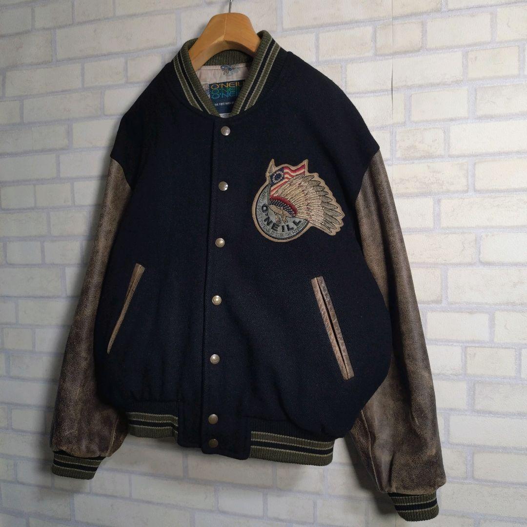 オニール★日本製 総刺繍 インディアン柄 アームレザー 牛革 スタジャン 黒 M