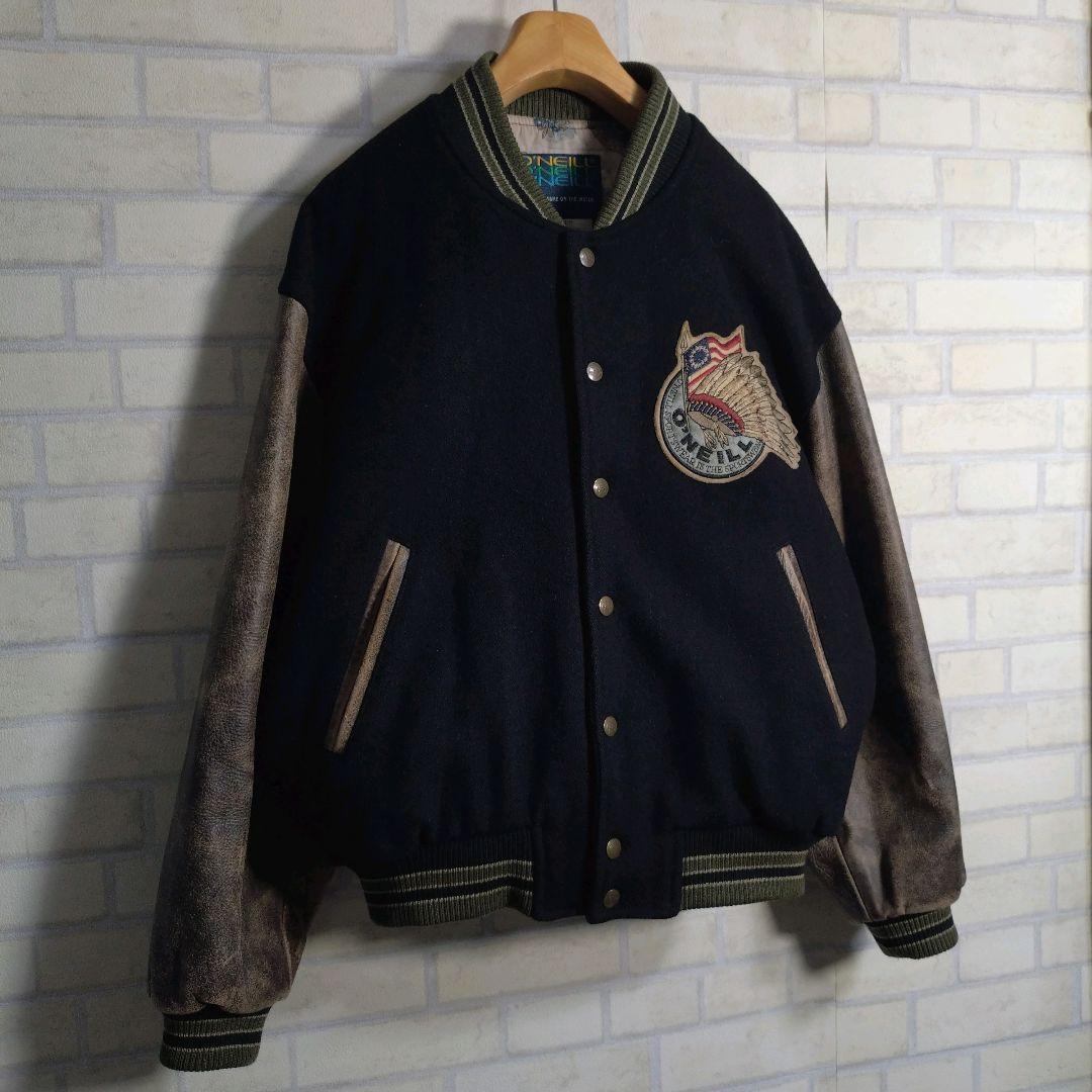 オニール★日本製 総刺繍 インディアン柄 アームレザー 牛革 スタジャン 黒 M