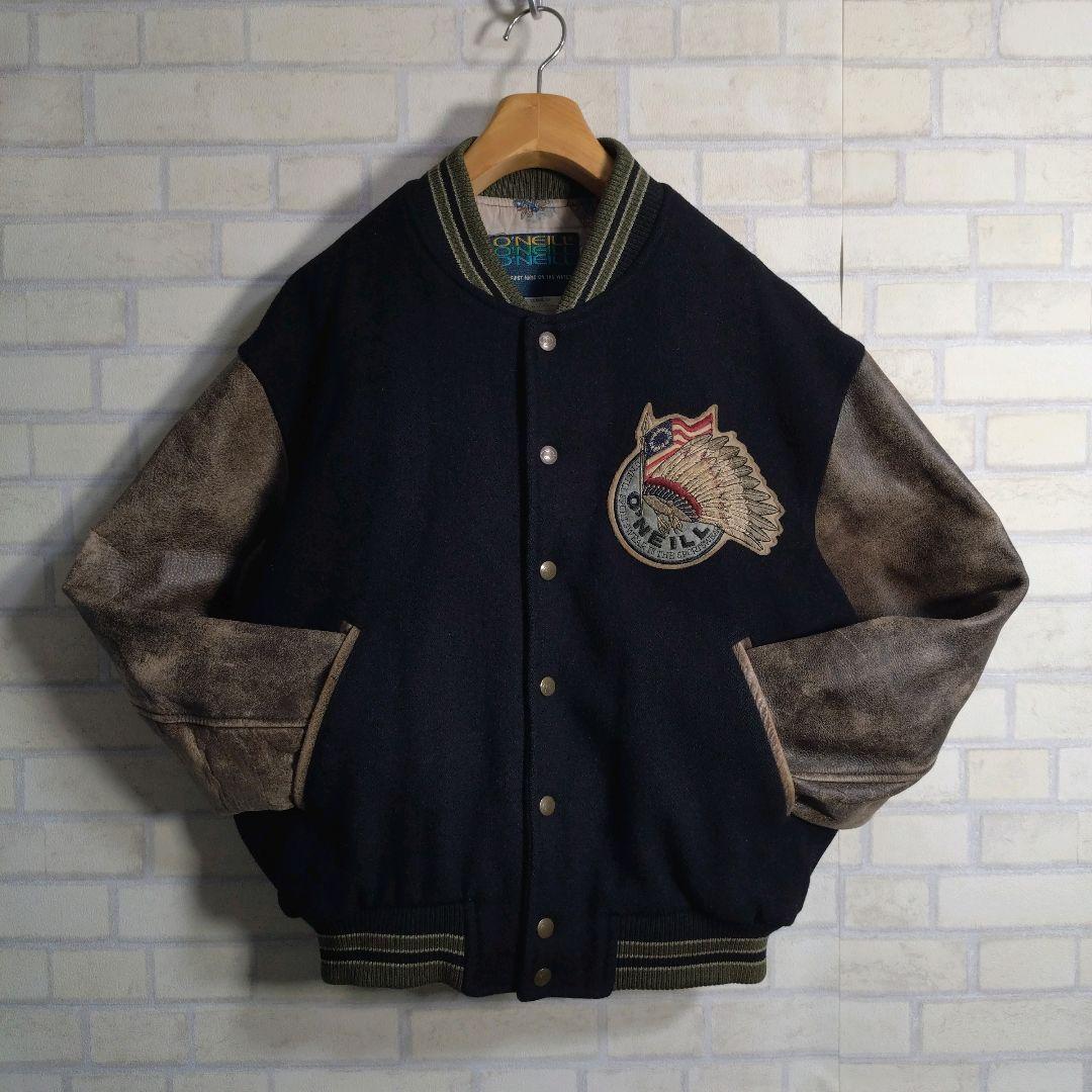 オニール★日本製 総刺繍 インディアン柄 アームレザー 牛革 スタジャン 黒 M