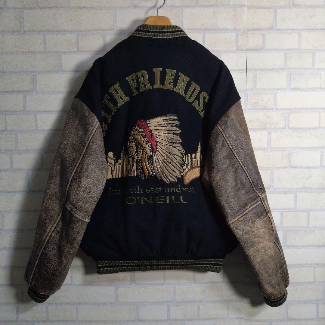 オニール★日本製 総刺繍 インディアン柄 アームレザー 牛革 スタジャン 黒 M