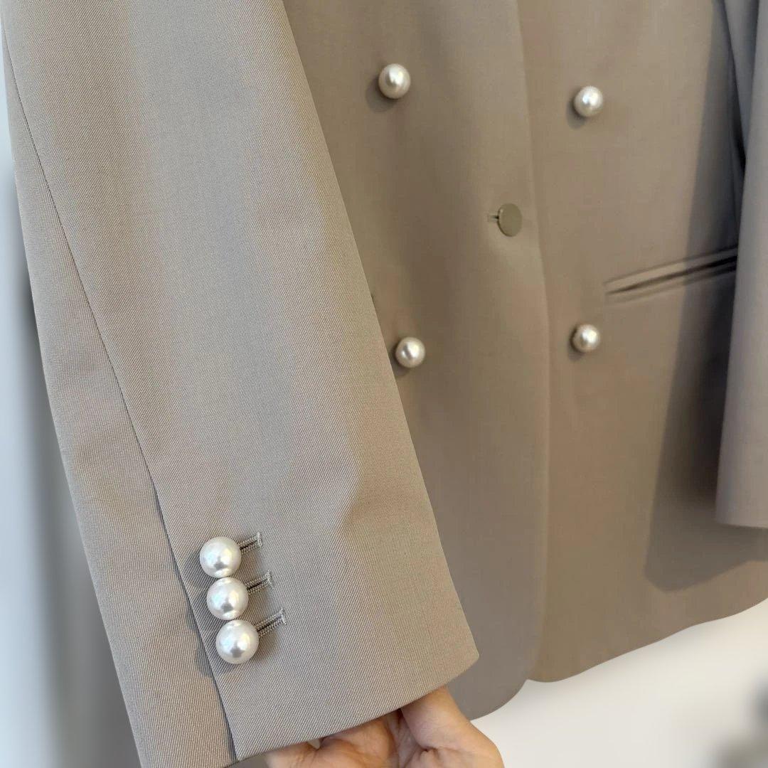 CINOH ノーカラーパールボタンジャケット ダブルブレスト　ベージュ