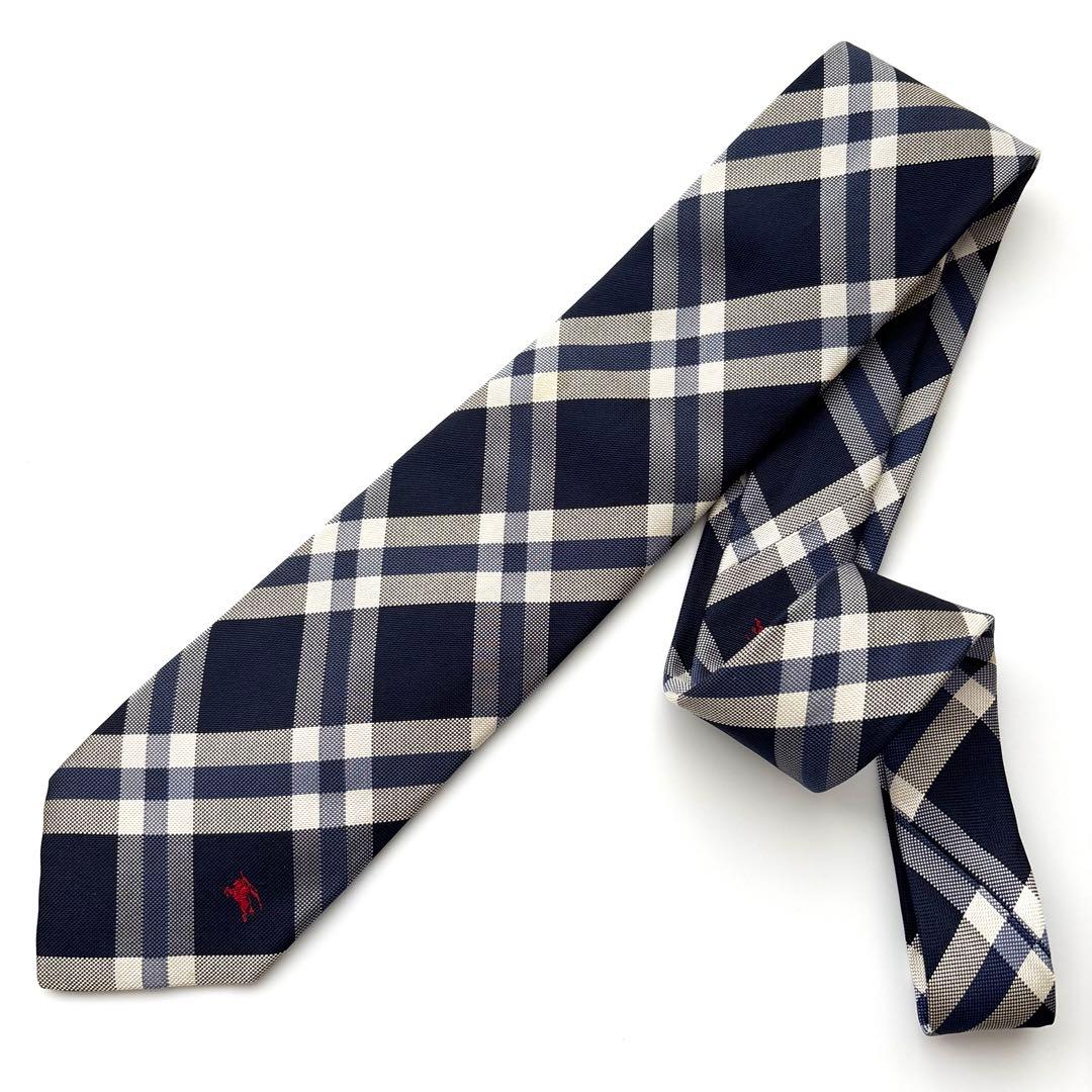 ꧁美品꧂ バーバリーブラックレーベル ネクタイ ホースロゴ チェック ネイビー