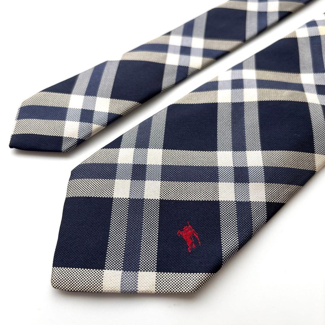 ꧁美品꧂ バーバリーブラックレーベル ネクタイ ホースロゴ チェック ネイビー