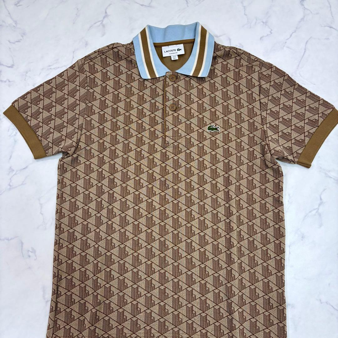 美品 LACOSTE ラコステ モノグラム 半袖ポロシャツ M相当 ブラウン