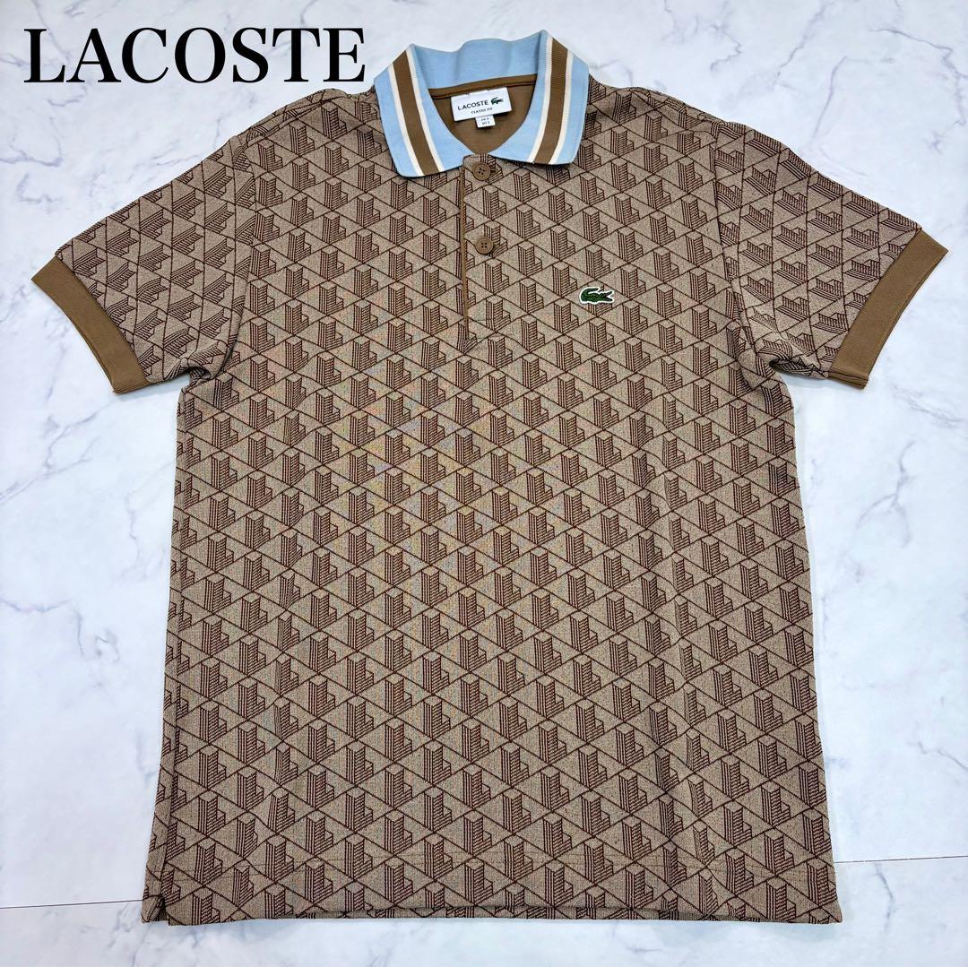 美品 LACOSTE ラコステ モノグラム 半袖ポロシャツ M相当 ブラウン