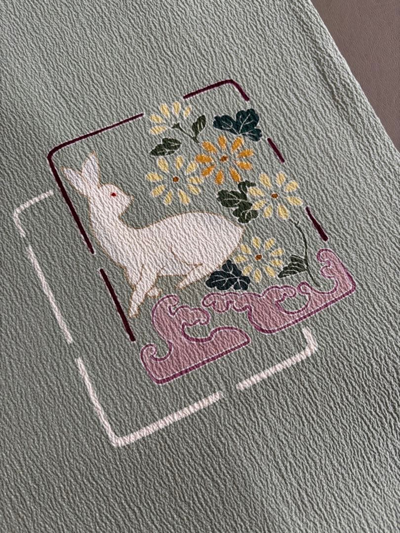 正絹 縮緬 九寸名古屋帯 金彩 花兎 手描き友禅 美品