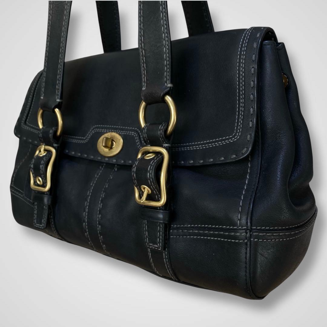 バッグ COACH leather turn lock tote bag black