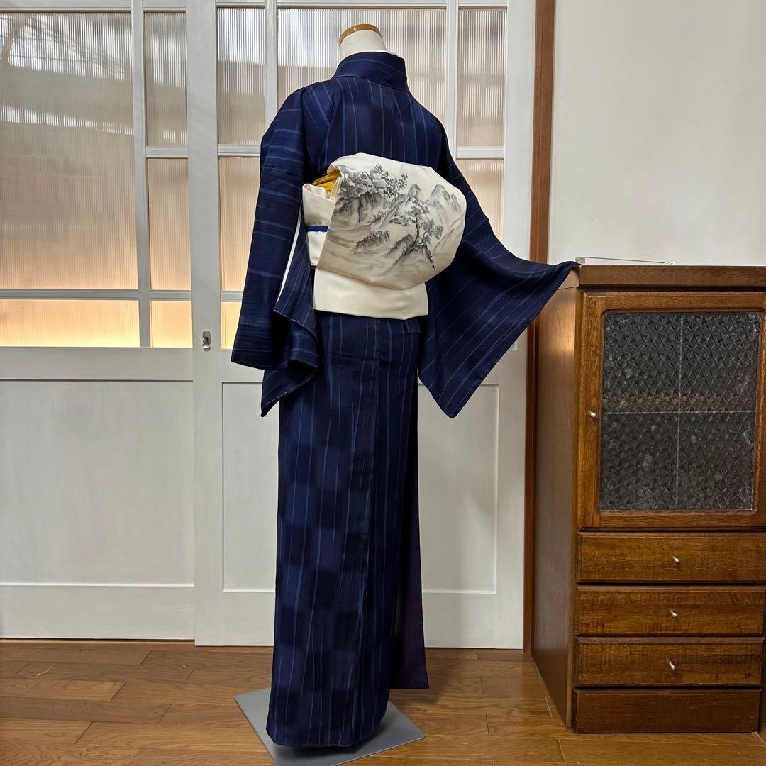 も*由様 小紋　袷　正絹　紺　よろけ縞　変わり市松　身丈171裄72 トールサイ