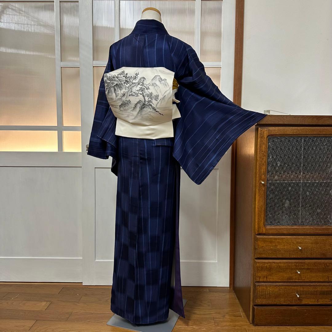 も*由様 小紋　袷　正絹　紺　よろけ縞　変わり市松　身丈171裄72 トールサイ