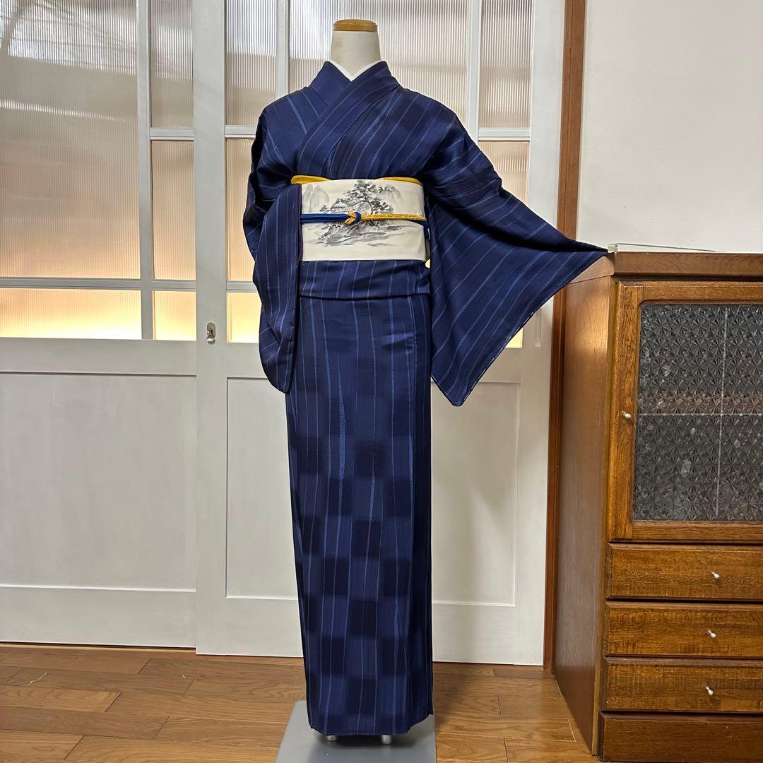 も*由様 小紋　袷　正絹　紺　よろけ縞　変わり市松　身丈171裄72 トールサイ