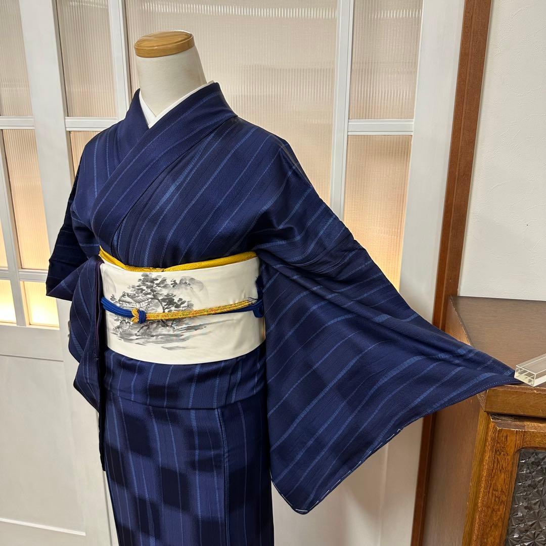 も*由様 小紋　袷　正絹　紺　よろけ縞　変わり市松　身丈171裄72 トールサイ