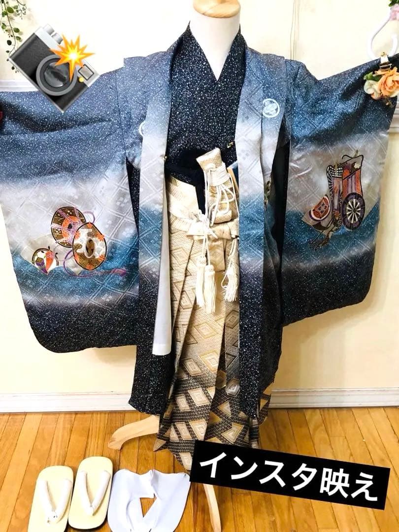七五三 五歳‼️キッズモデル撮影一回美品淡い青系に鷹柄‼️ラメ暈し 完全フルセット‼️