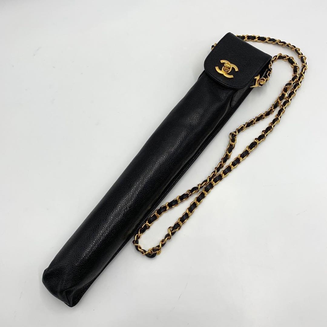 ［極美品］シャネル　折り畳み傘　キャビアスキン　チェーンショルダーケース
