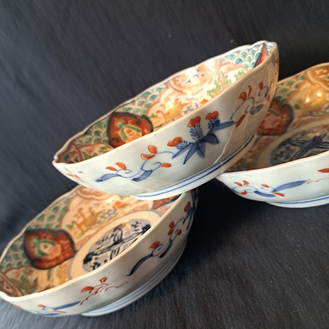 「金彩うさぎに 青海波(せいがいは)」古伊万里皿(直径15cm )3客セット 骨