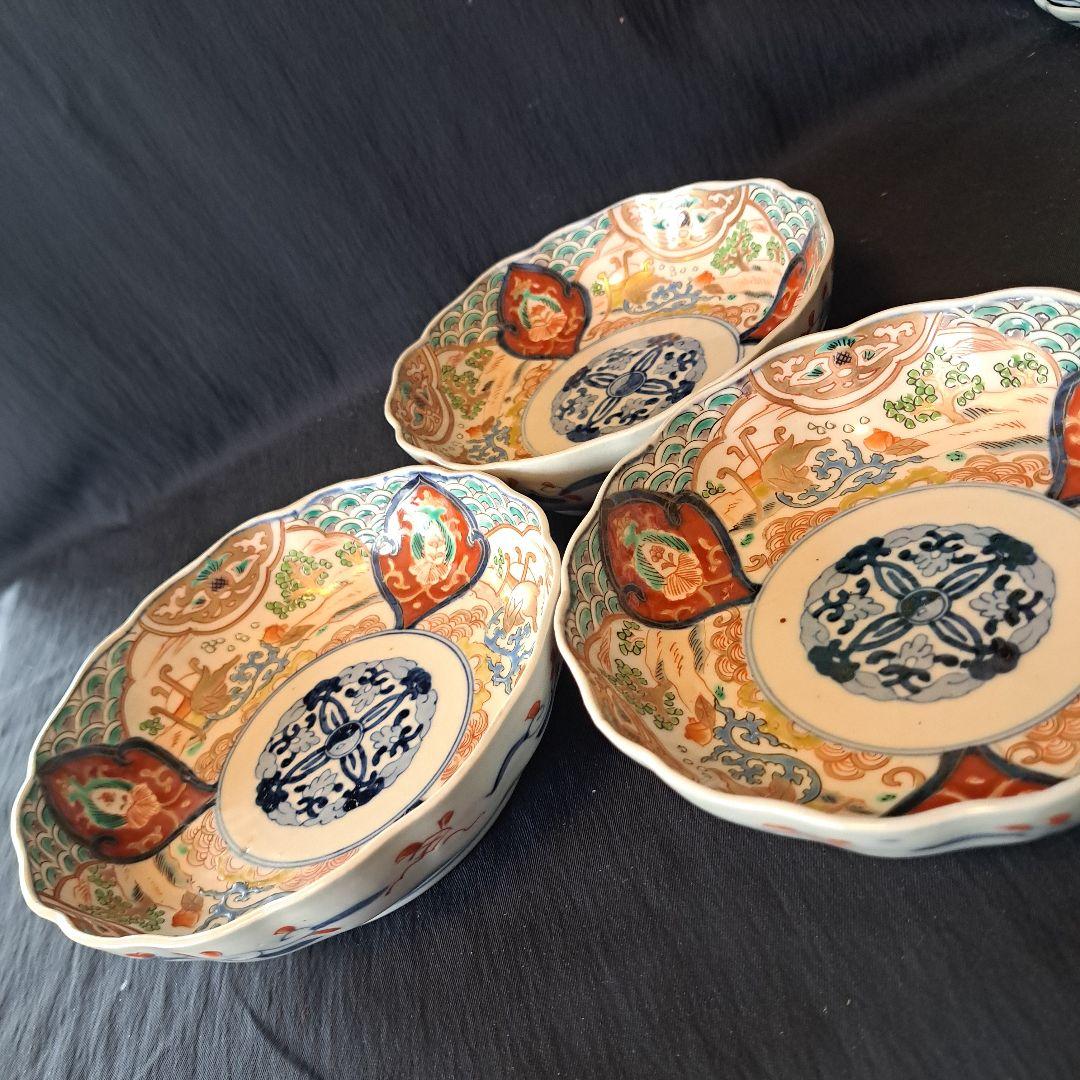 「金彩うさぎに 青海波(せいがいは)」古伊万里皿(直径15cm )3客セット 骨