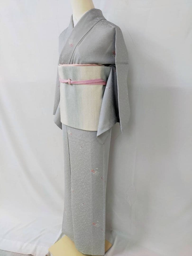 美品 正絹袷 友禅小紋 源氏香 飛び柄 ライトグレー 上品小紋