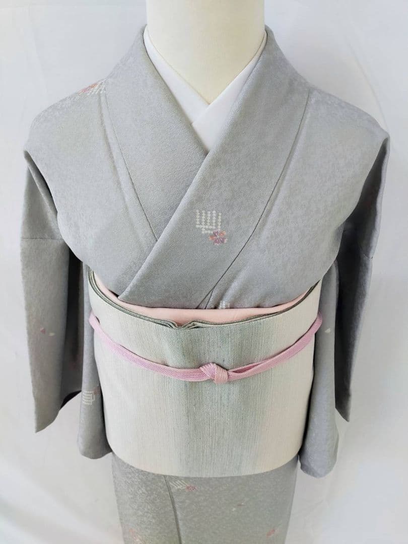 美品 正絹袷 友禅小紋 源氏香 飛び柄 ライトグレー 上品小紋