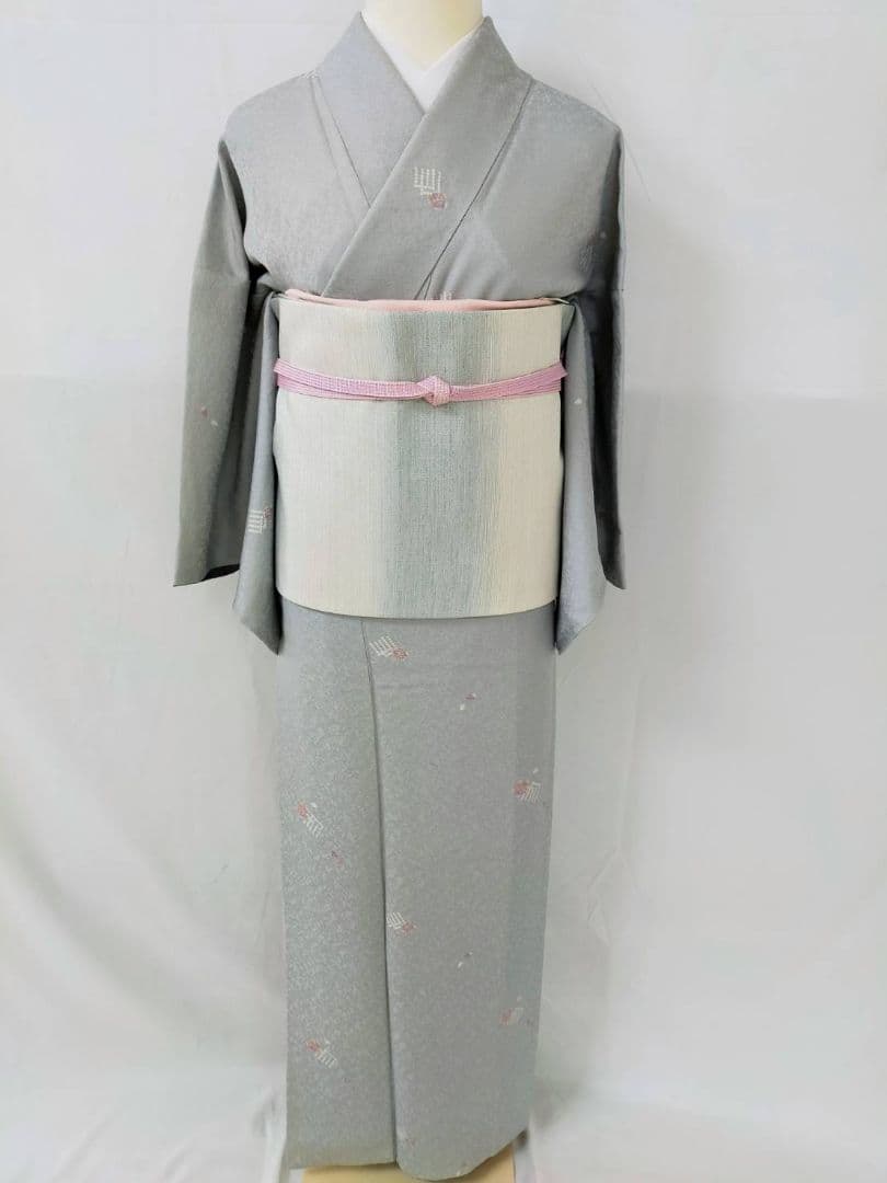 美品 正絹袷 友禅小紋 源氏香 飛び柄 ライトグレー 上品小紋