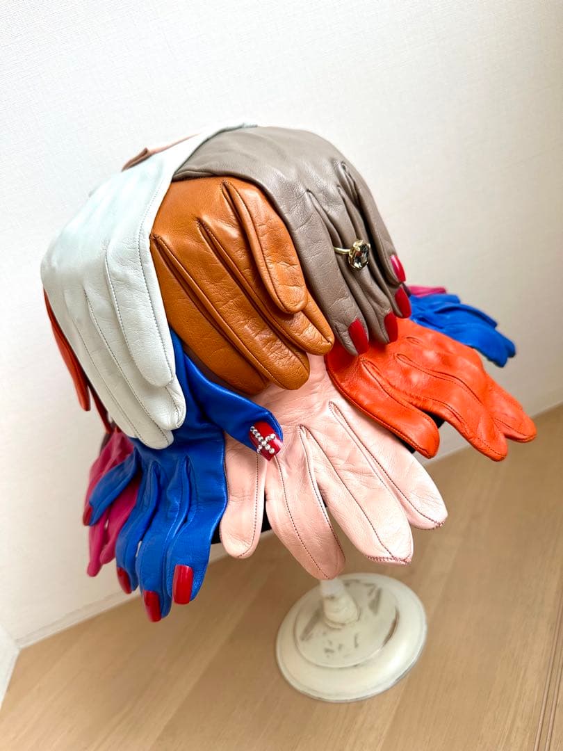 イタリア製の山羊革手袋付　ハット帽子　カラフル　1点物ハンドメイド　アートハット