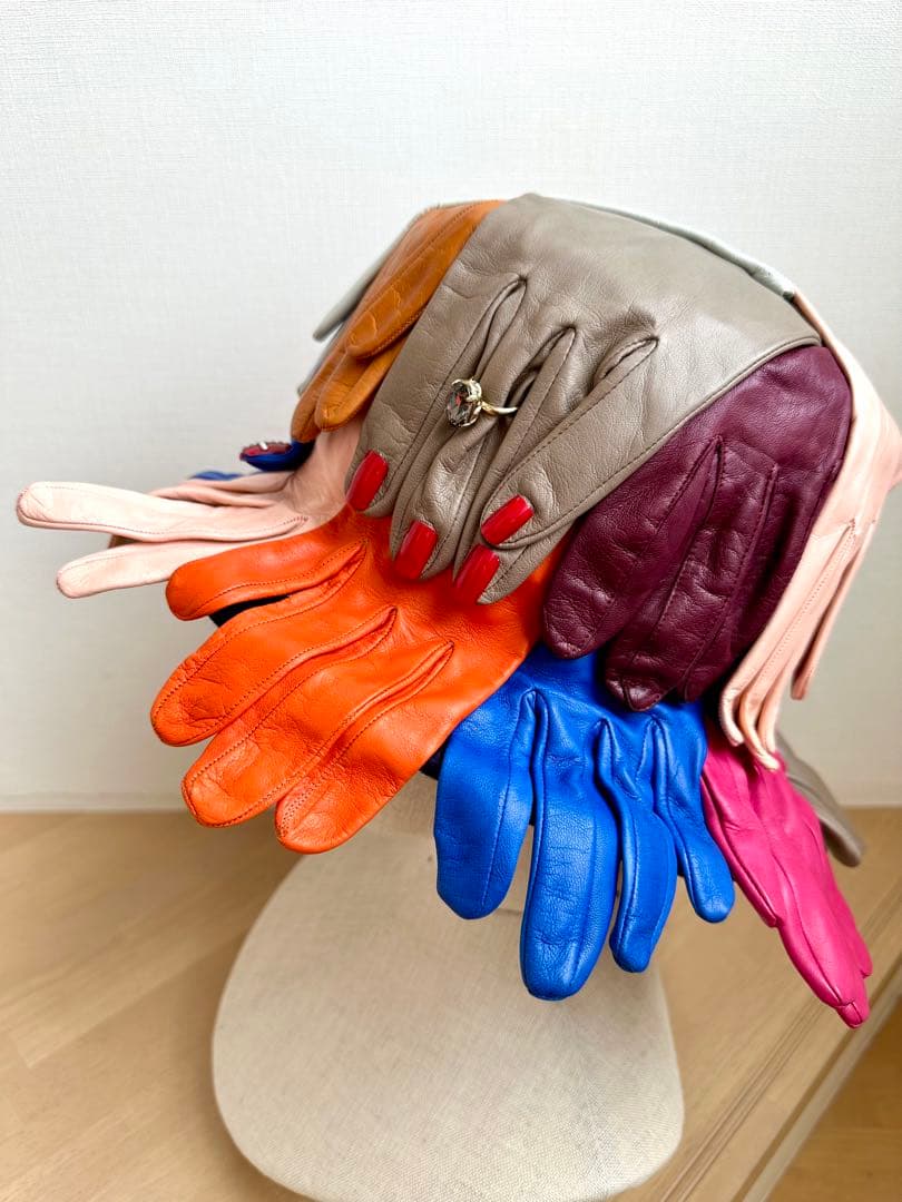 イタリア製の山羊革手袋付　ハット帽子　カラフル　1点物ハンドメイド　アートハット