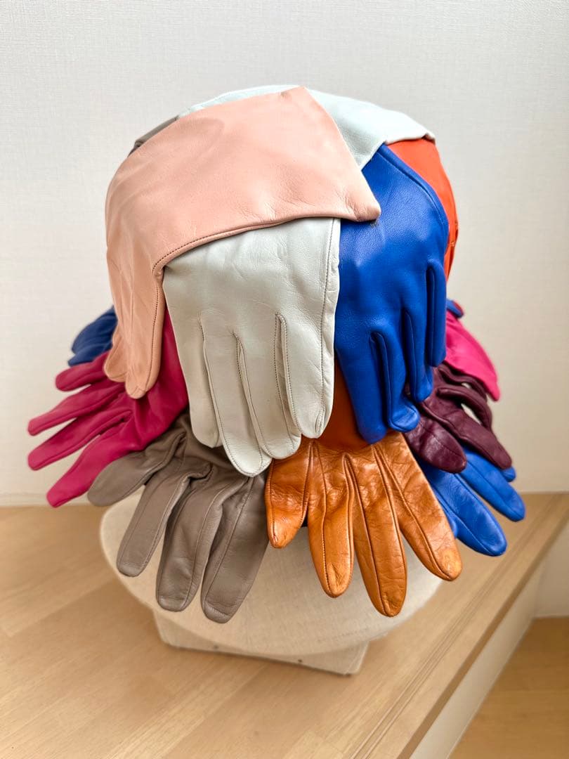 イタリア製の山羊革手袋付　ハット帽子　カラフル　1点物ハンドメイド　アートハット