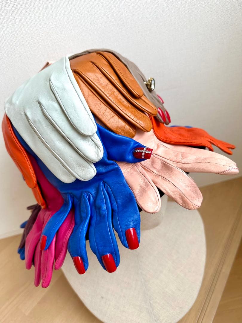 イタリア製の山羊革手袋付　ハット帽子　カラフル　1点物ハンドメイド　アートハット