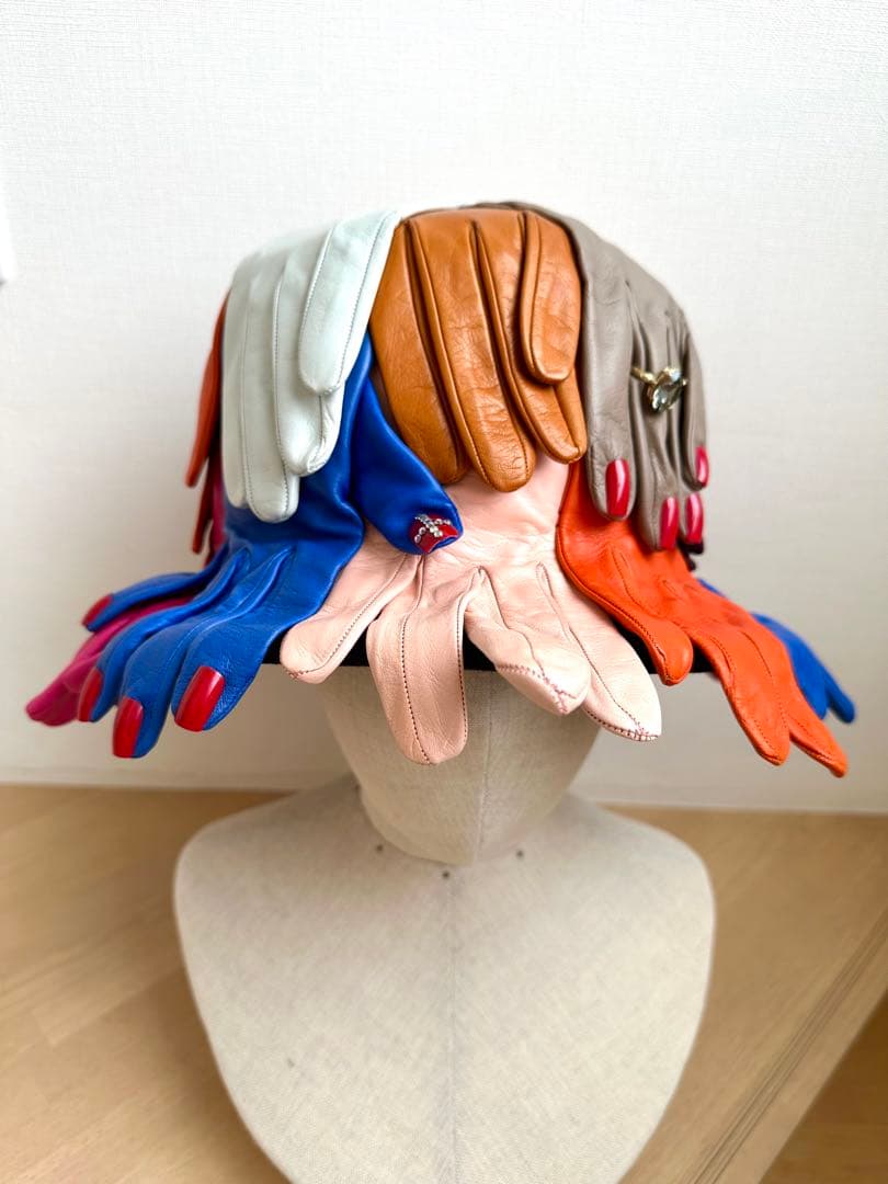 イタリア製の山羊革手袋付　ハット帽子　カラフル　1点物ハンドメイド　アートハット