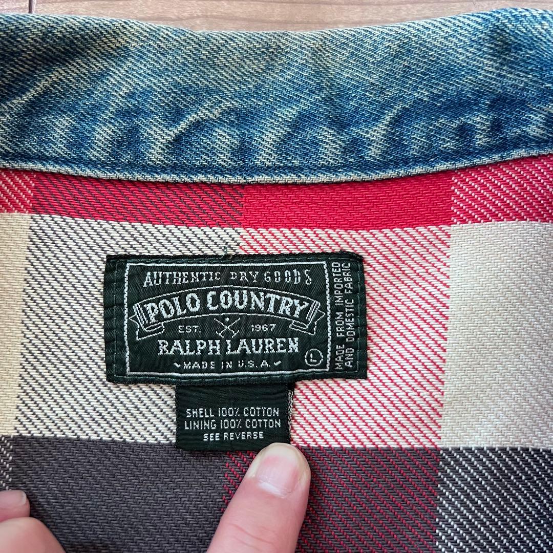 ◉ USA製 ポロカントリー デニムジャケット 裏地チェックL Lee91-B