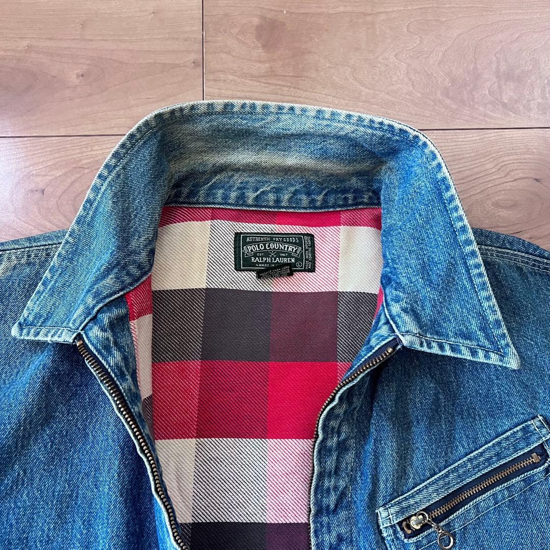 ◉ USA製 ポロカントリー デニムジャケット 裏地チェックL Lee91-B