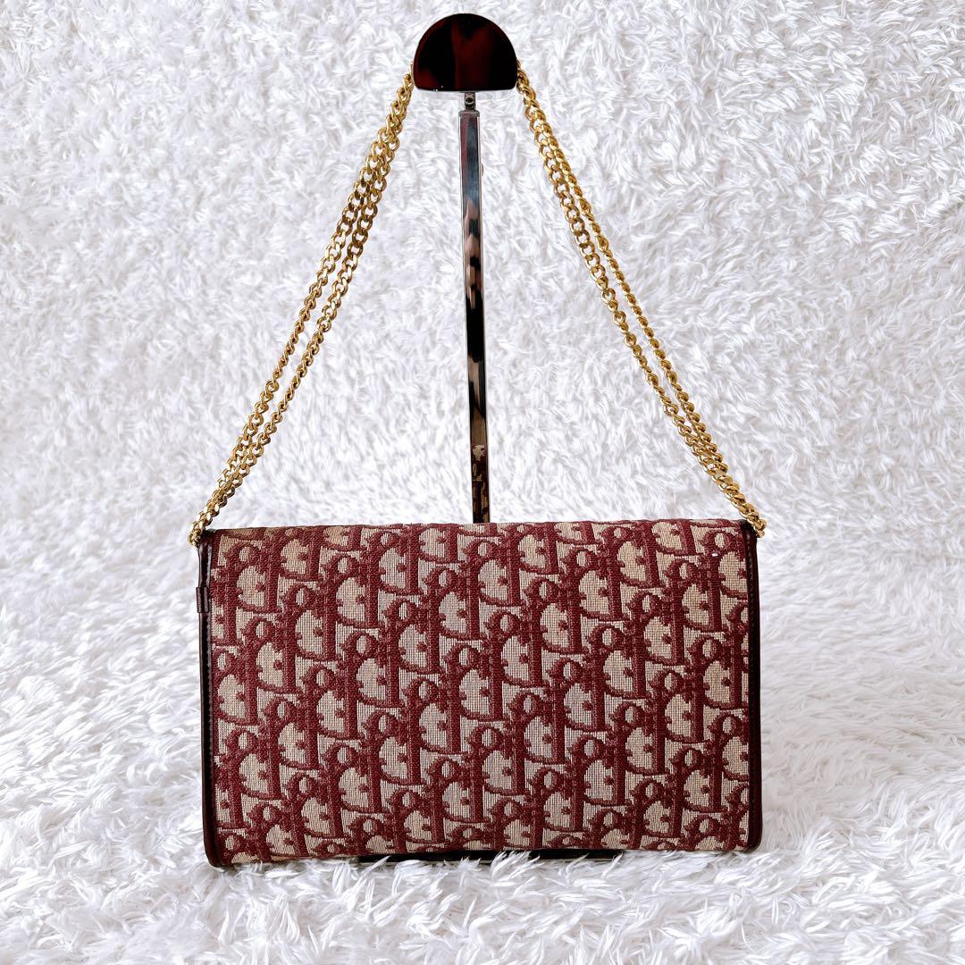 極希少✨OLD Dior クラッチバッグ　チェーン　ボルドー　トロッター柄