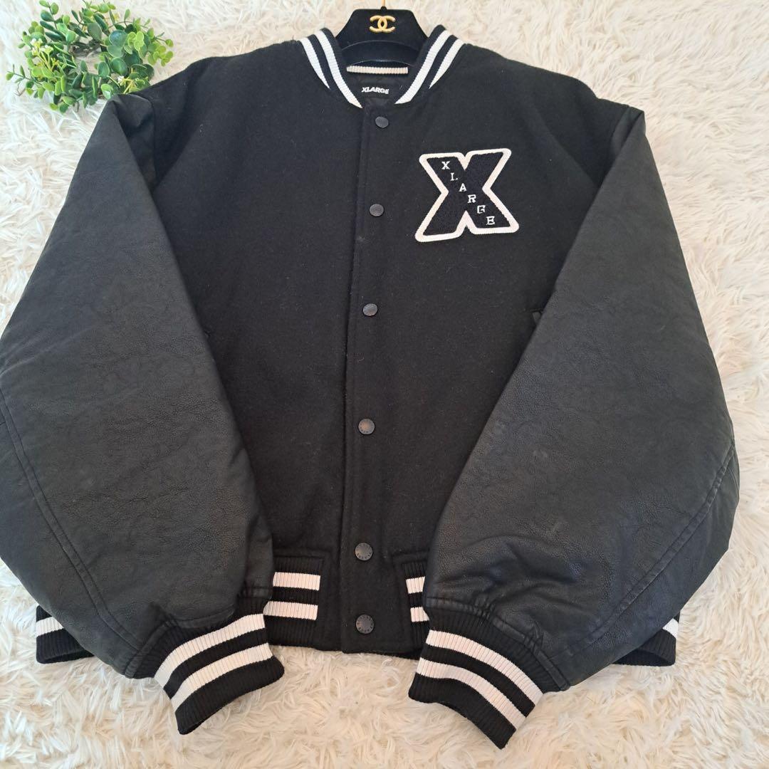 【即完売モデル】エクストララージ　袖切替レザー　パイルロゴ　ウールスタジャン　黒
