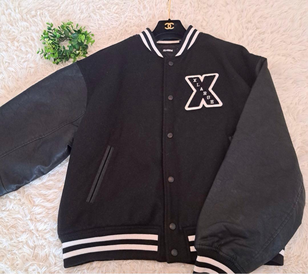 【即完売モデル】エクストララージ　袖切替レザー　パイルロゴ　ウールスタジャン　黒