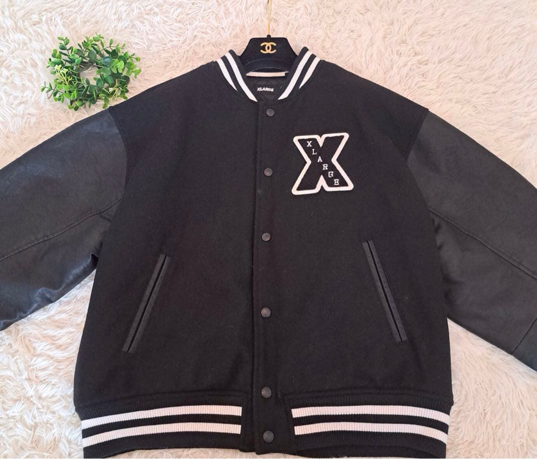 【即完売モデル】エクストララージ　袖切替レザー　パイルロゴ　ウールスタジャン　黒