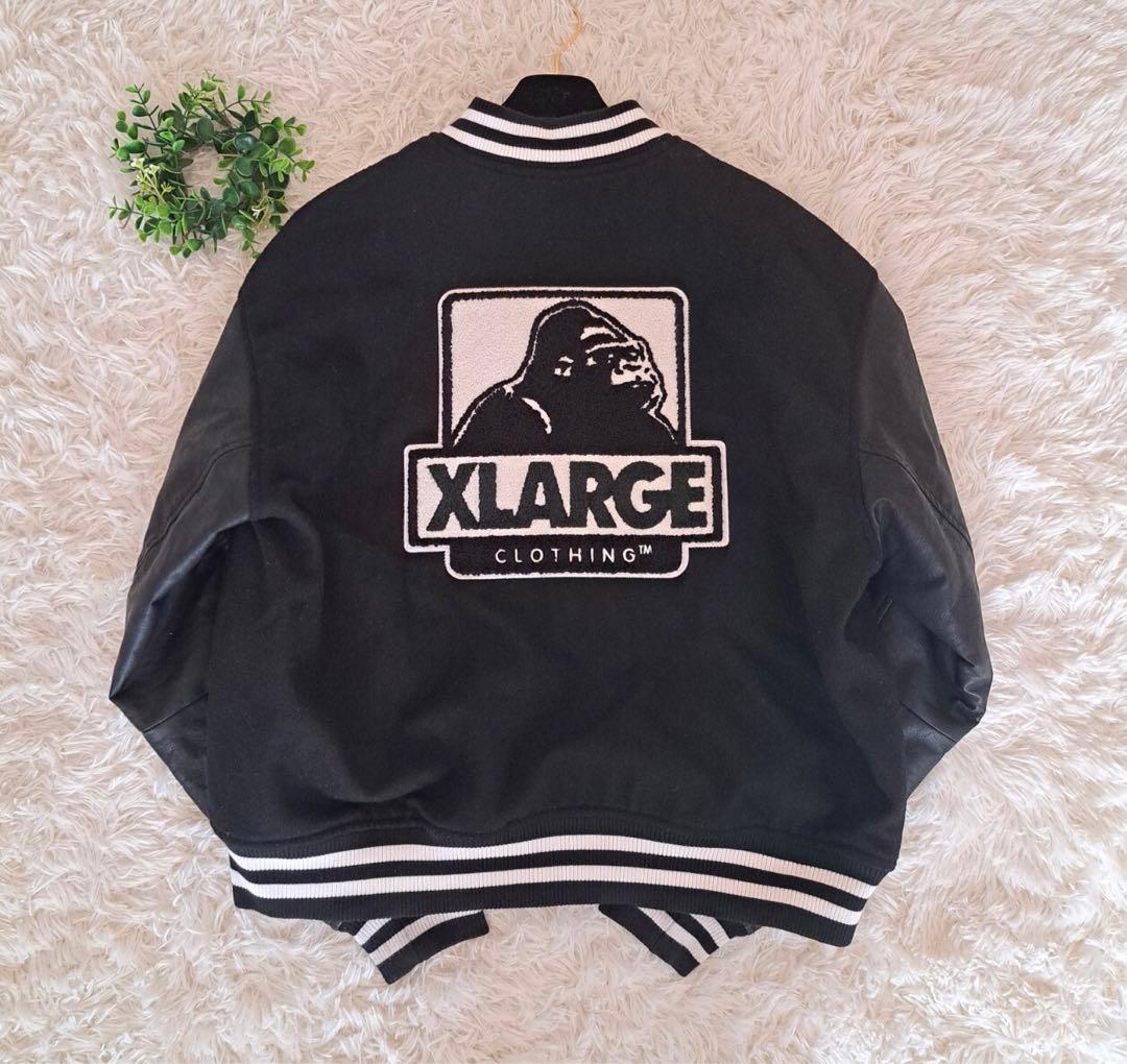 【即完売モデル】エクストララージ　袖切替レザー　パイルロゴ　ウールスタジャン　黒
