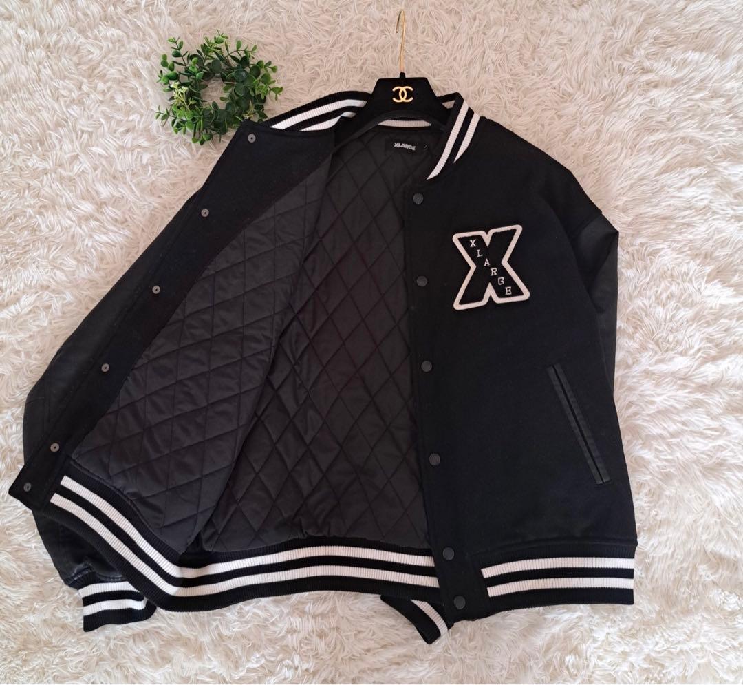 【即完売モデル】エクストララージ　袖切替レザー　パイルロゴ　ウールスタジャン　黒