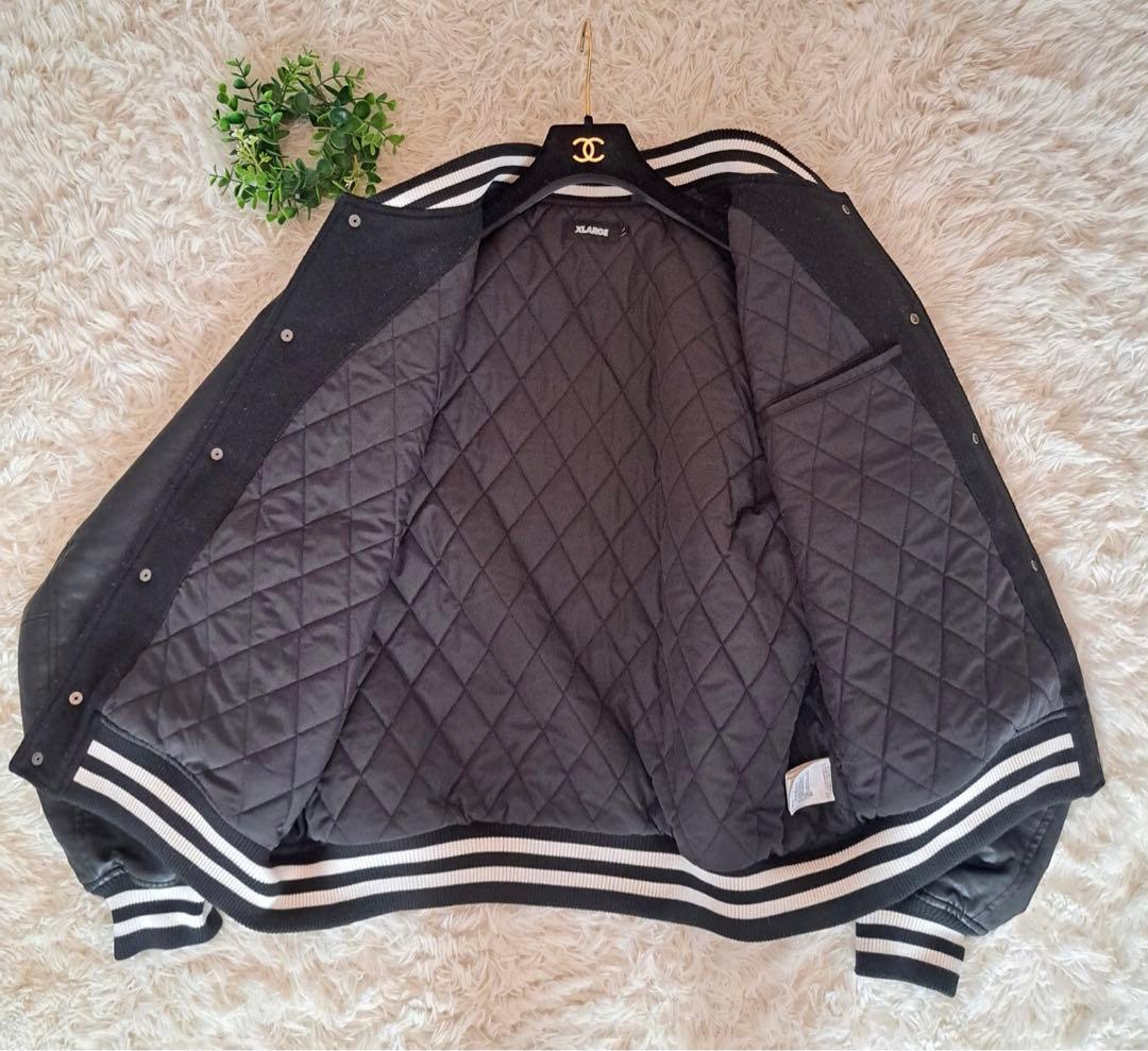 【即完売モデル】エクストララージ　袖切替レザー　パイルロゴ　ウールスタジャン　黒