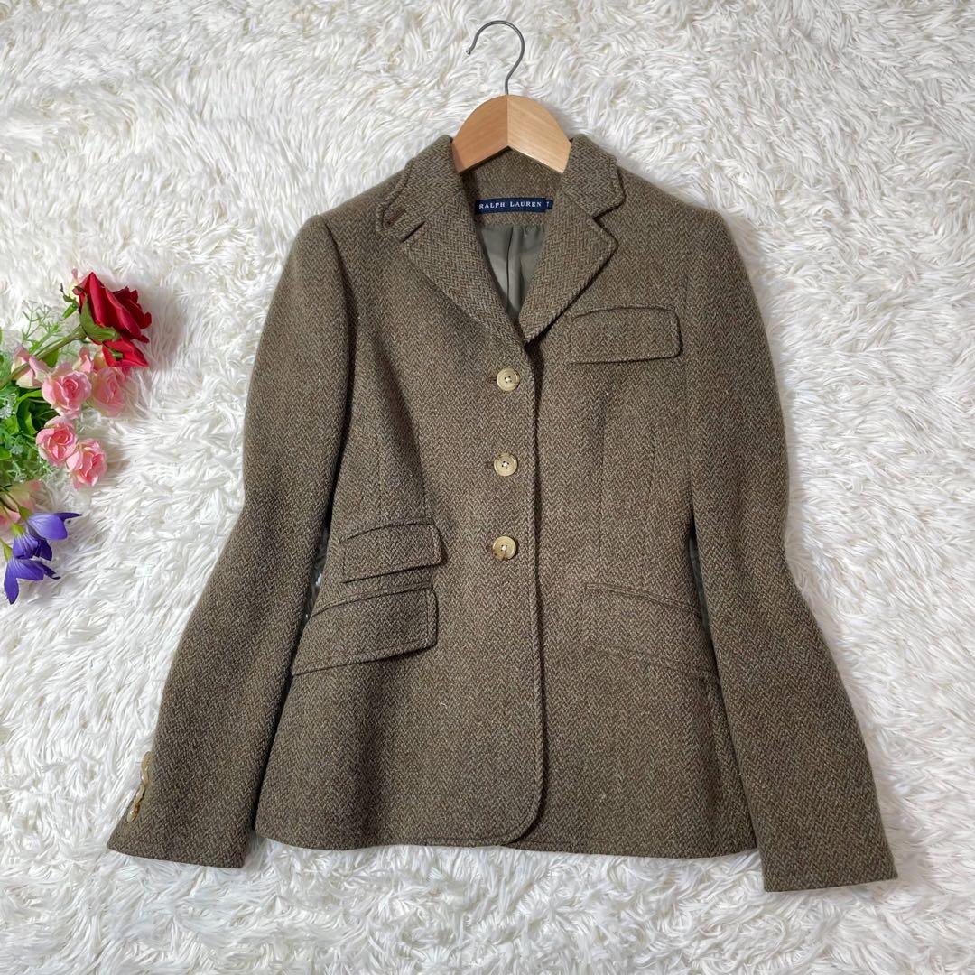 RALPH LAURENブラウンツイードヘリンボーンテーラドジャケット